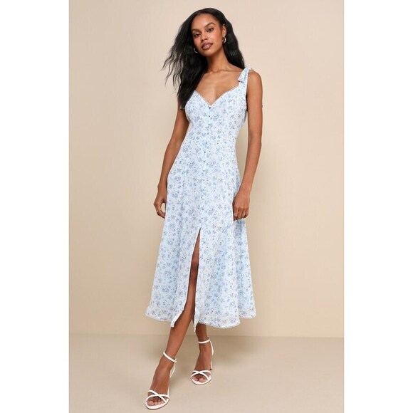 Lulus Dresses & Skirts - Lulus Charismatic Persona Light Blue Floral Tie-strap Midi Dress - Size S